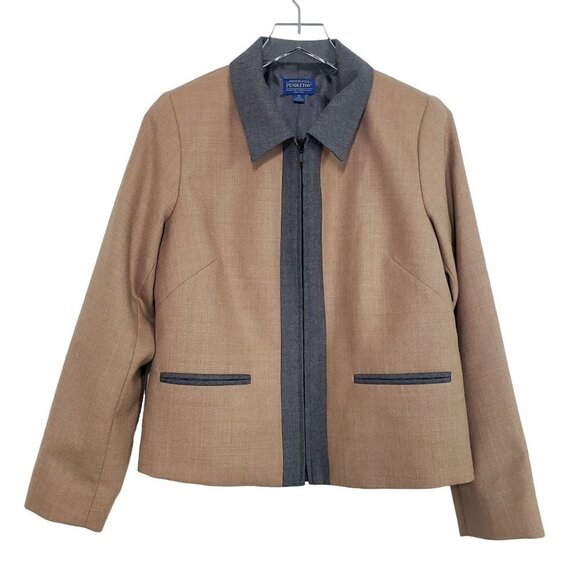 Pendleton Virgin Wool Jacket Full Zip Front Tan Gray Lightweight Womens Sz 10 - Picture 1 of 10